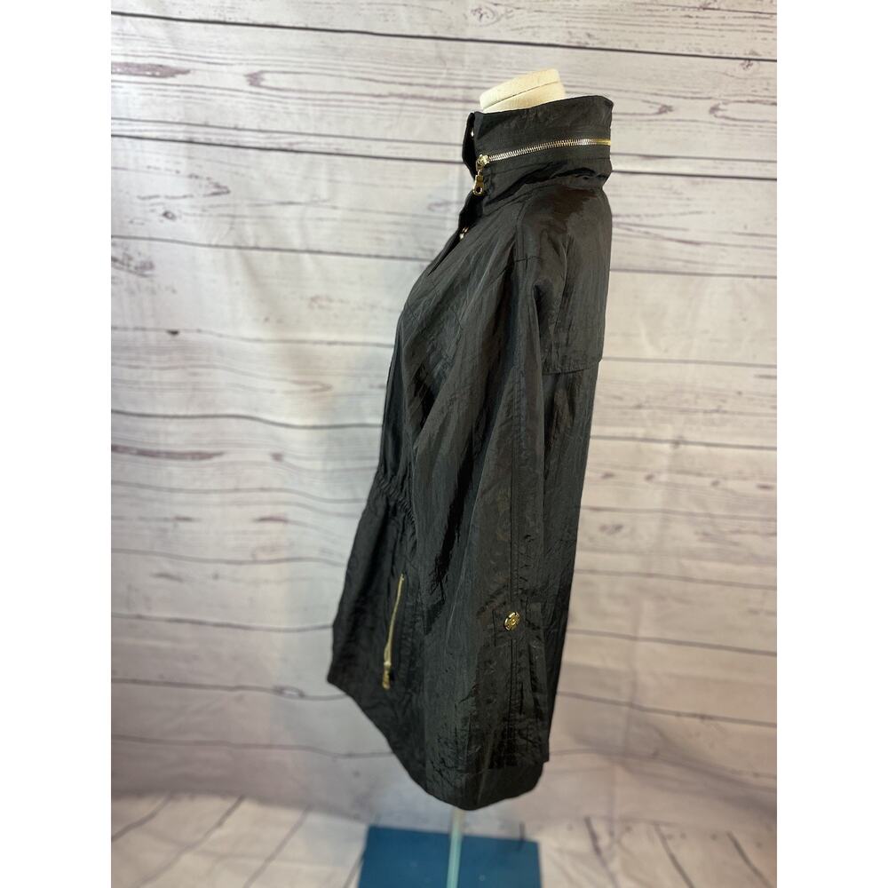 Women’s Black Anorak Jacket Stand Collar Hidden Hood Zip Front Lined Size M - Picture 3 of 8